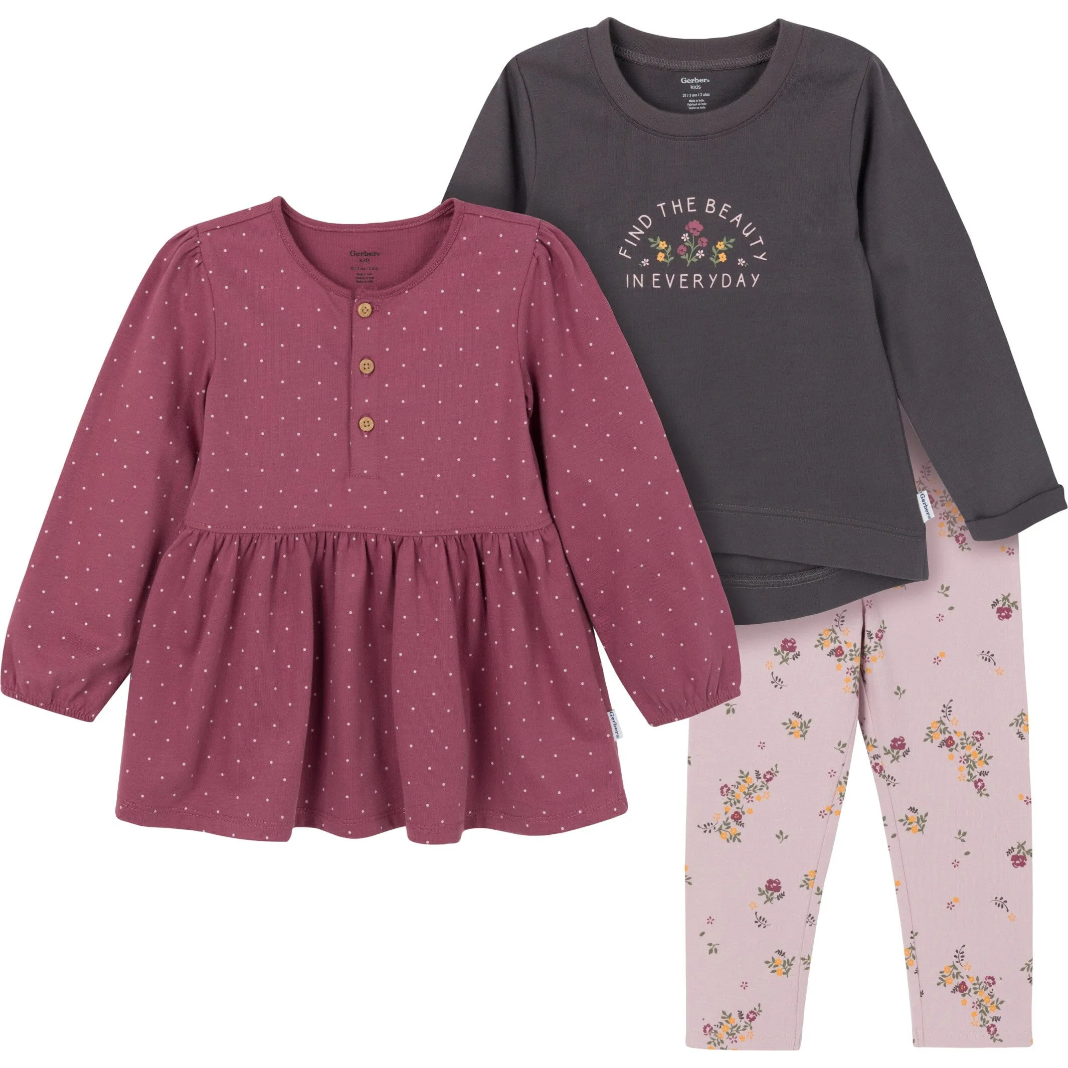 3-Piece Toddler Girls Brown/Violet Tunics and Leggings