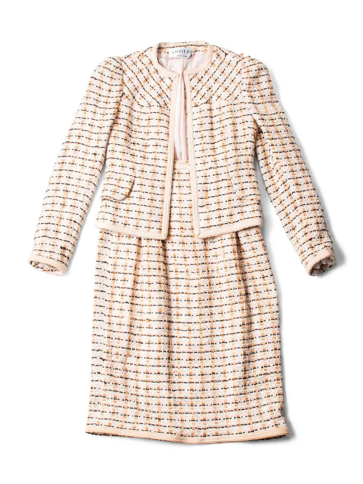 Adolfo New York Vintage Tweed Jacket Skirt Set Beige