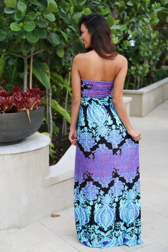 Aqua and Purple Printed Strapless Maxi Dress