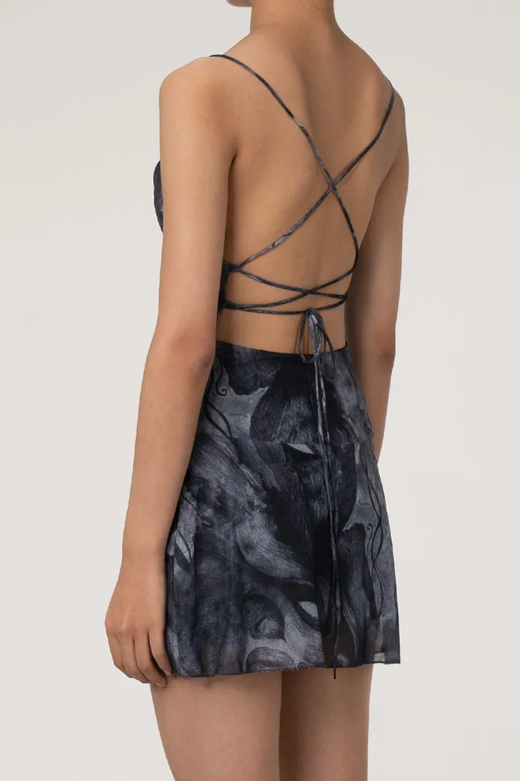 Asymmetric Cowl Neck Lace Up Backless Ruffle Printed Mesh Party Mini Dress