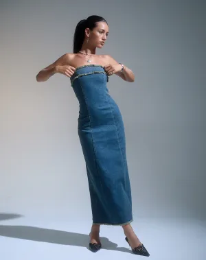 Atun Denim Bandeau Maxi Dress in Brown Blue Acid Wash