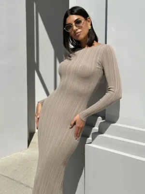 Autumn Long Sleeve Knitted Elegant Sexy Pit Strip O-Neck Bodycon Evening Party Lady Casual Maxi Dress