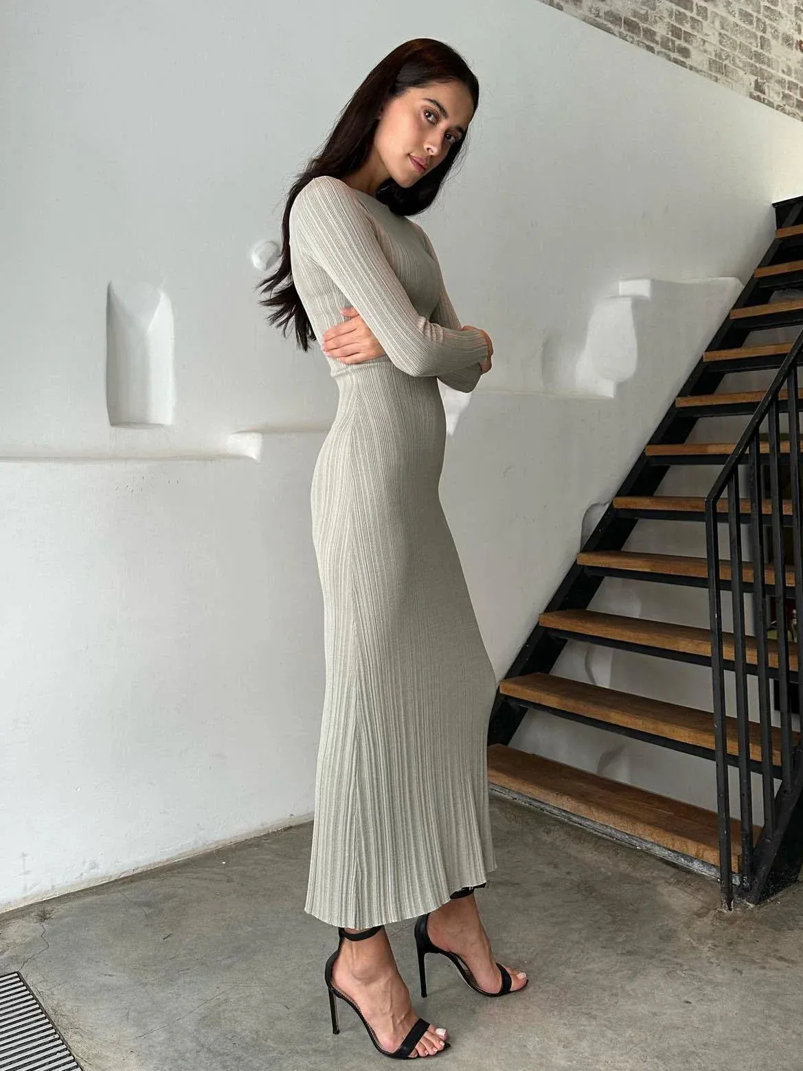 Autumn Long Sleeve Knitted Elegant Sexy Pit Strip O-Neck Bodycon Evening Party Lady Casual Maxi Dress