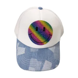 Bari Lynn Rhinestone Rainbow Smiley Denim Patch Brim Trucker Hat