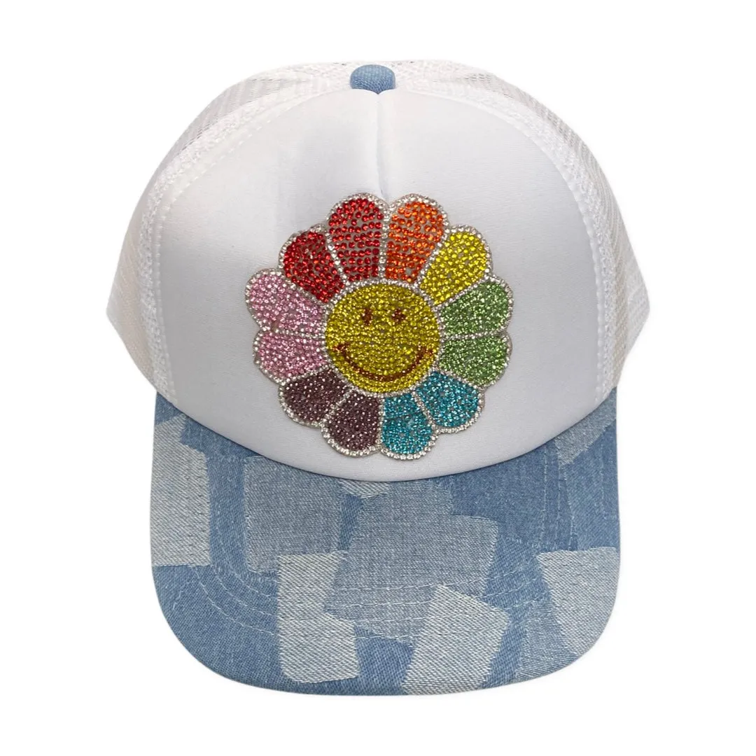 Bari Lynn Rhinestone Smiley Flower Denim Patch Brim Trucker Hat