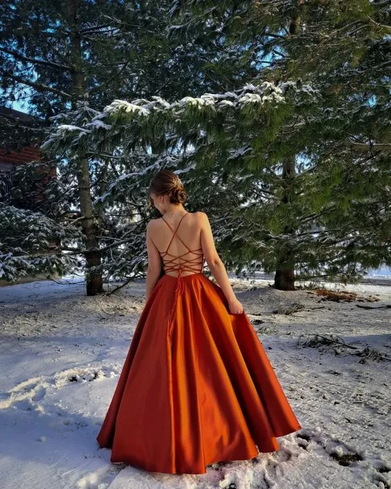 Best Burnt Orange Satin Prom Dress with Pockets A Line