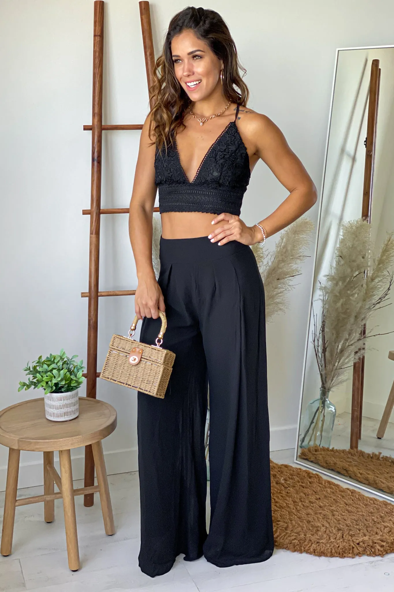 Black Crochet Top And Palazzo Pants Set