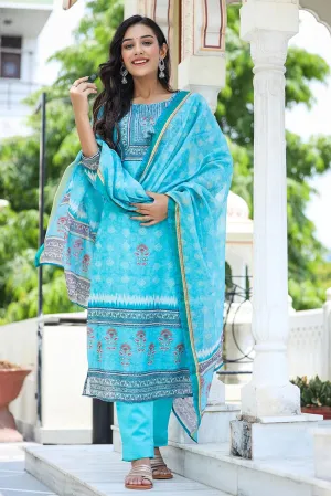 Blue Chanderi Printed Suit Set with Dupatta