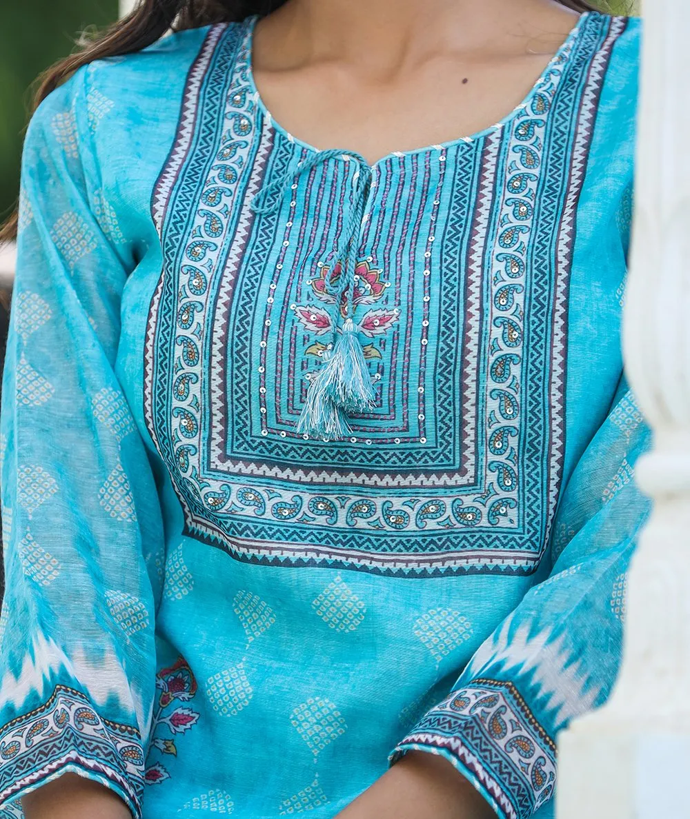 Blue Chanderi Printed Suit Set with Dupatta