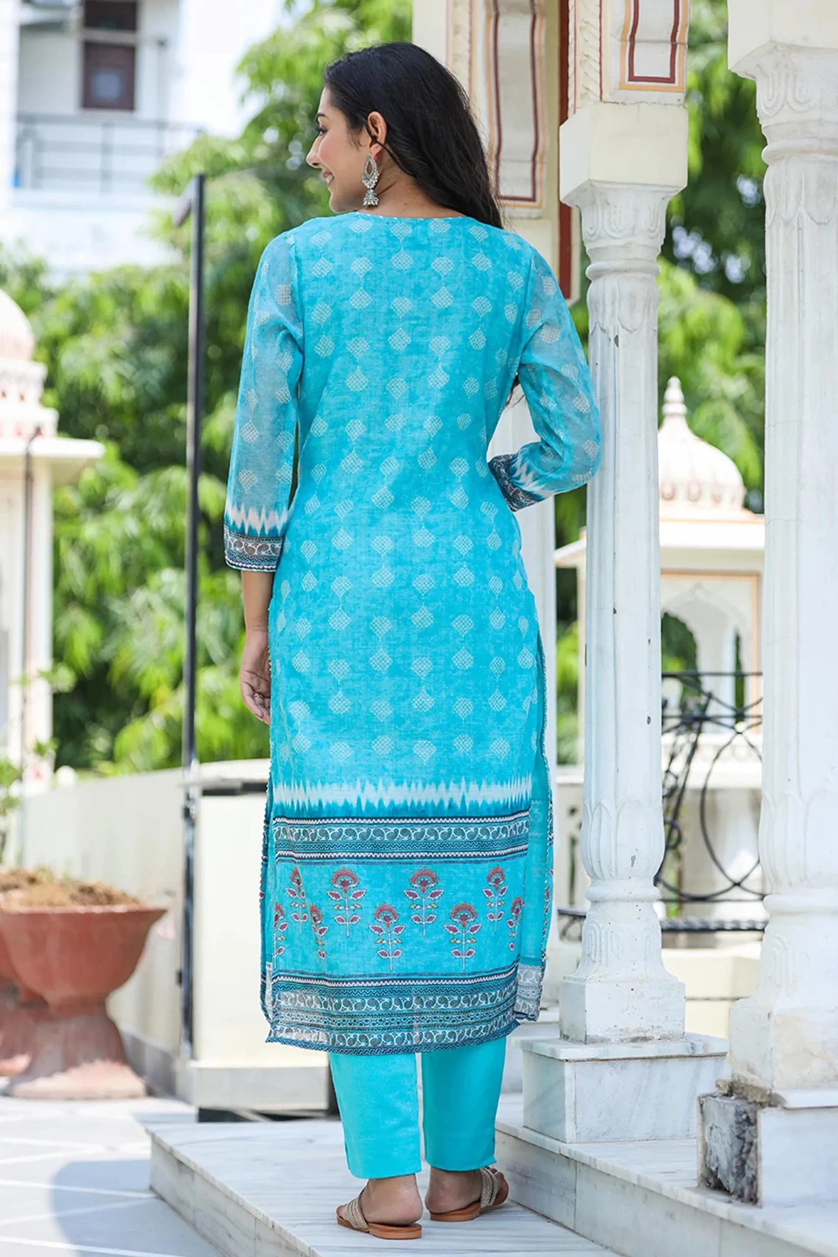 Blue Chanderi Printed Suit Set with Dupatta