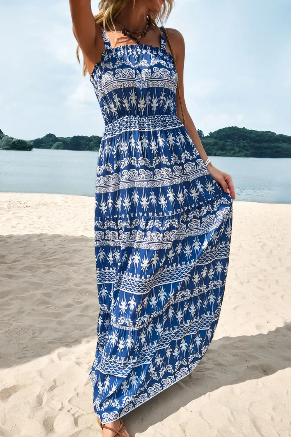 Bohemian Frill Trim Low-Back Maxi Dress