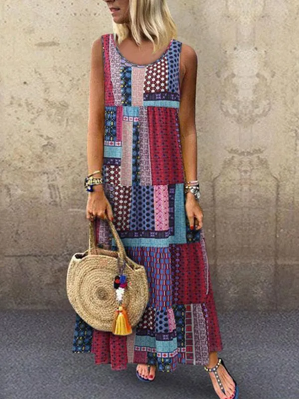 Bohemian Splicing Round Neck Sleeveless Maxi Dresses