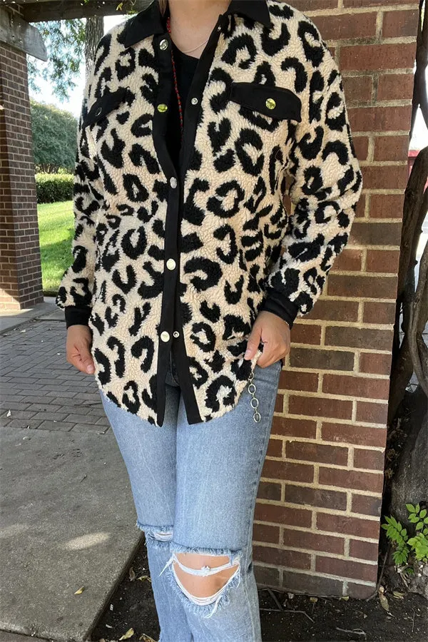 BQ15490 Black/beige leopard w/front pockets&buttons long sleeve women coats/jackets