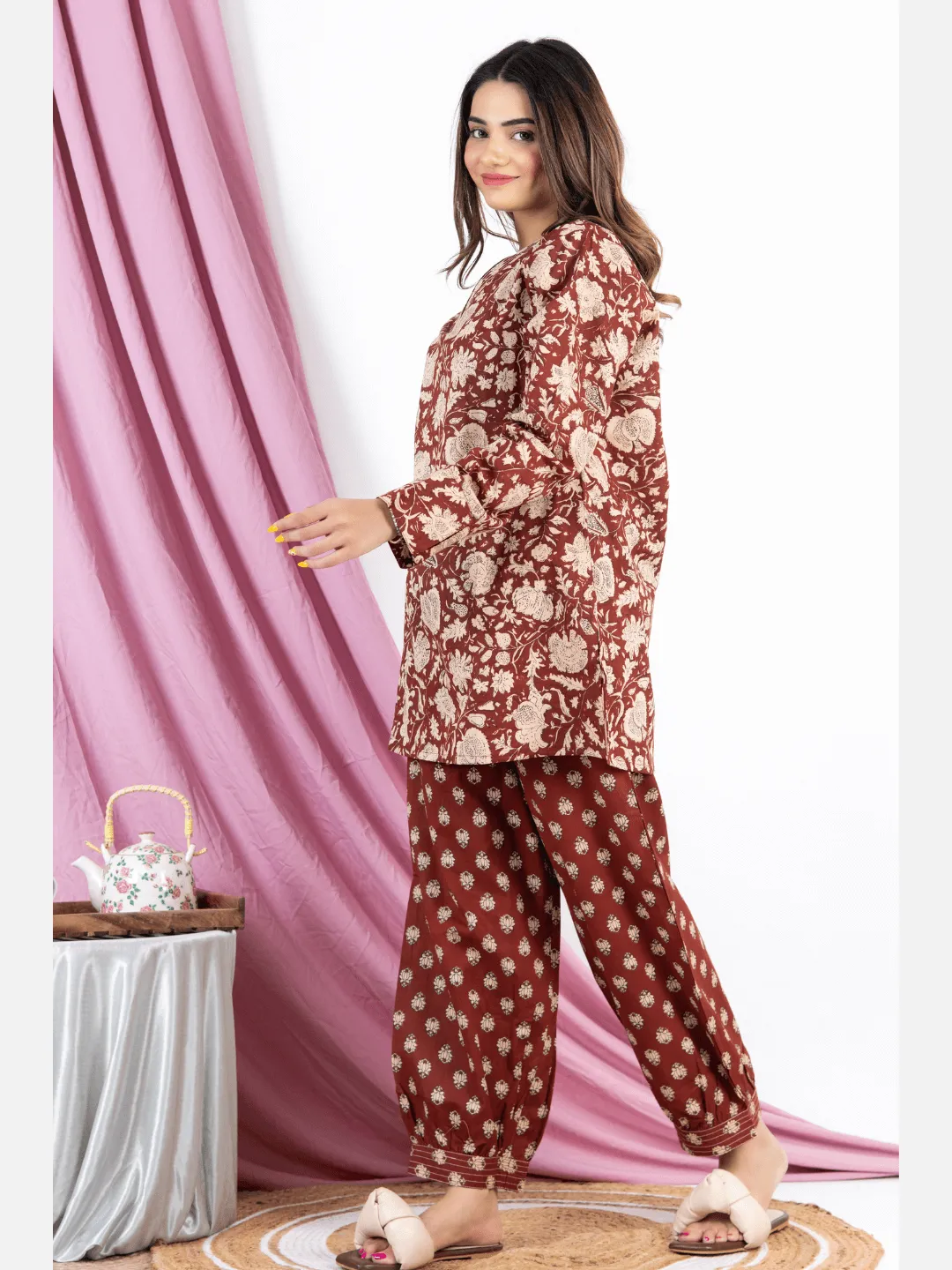 Brown V Neck Cotton Loungewear