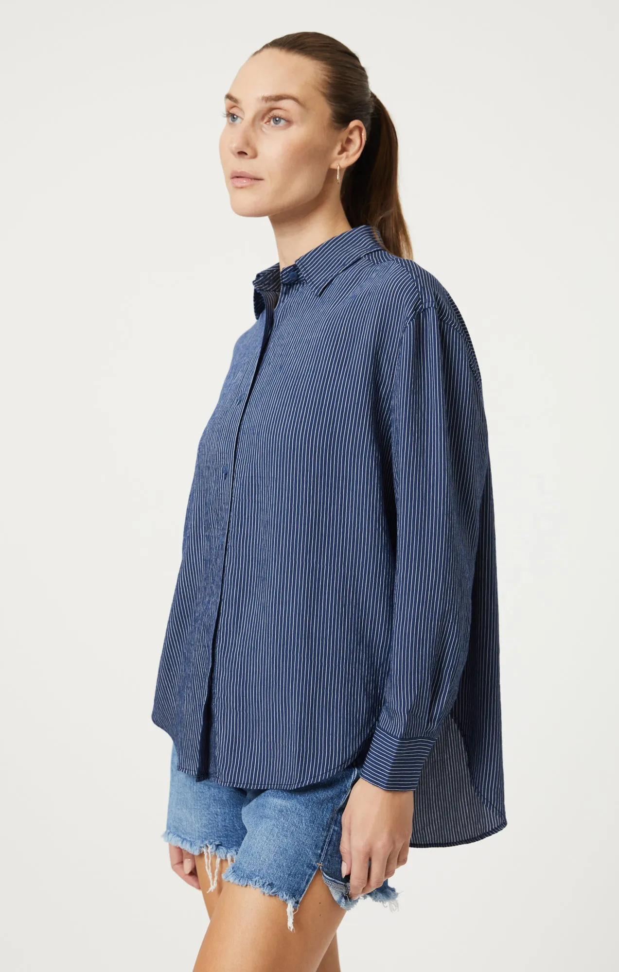 BUTTON-UP LONG SLEEVE SHIRT IN NAVY STRIPED