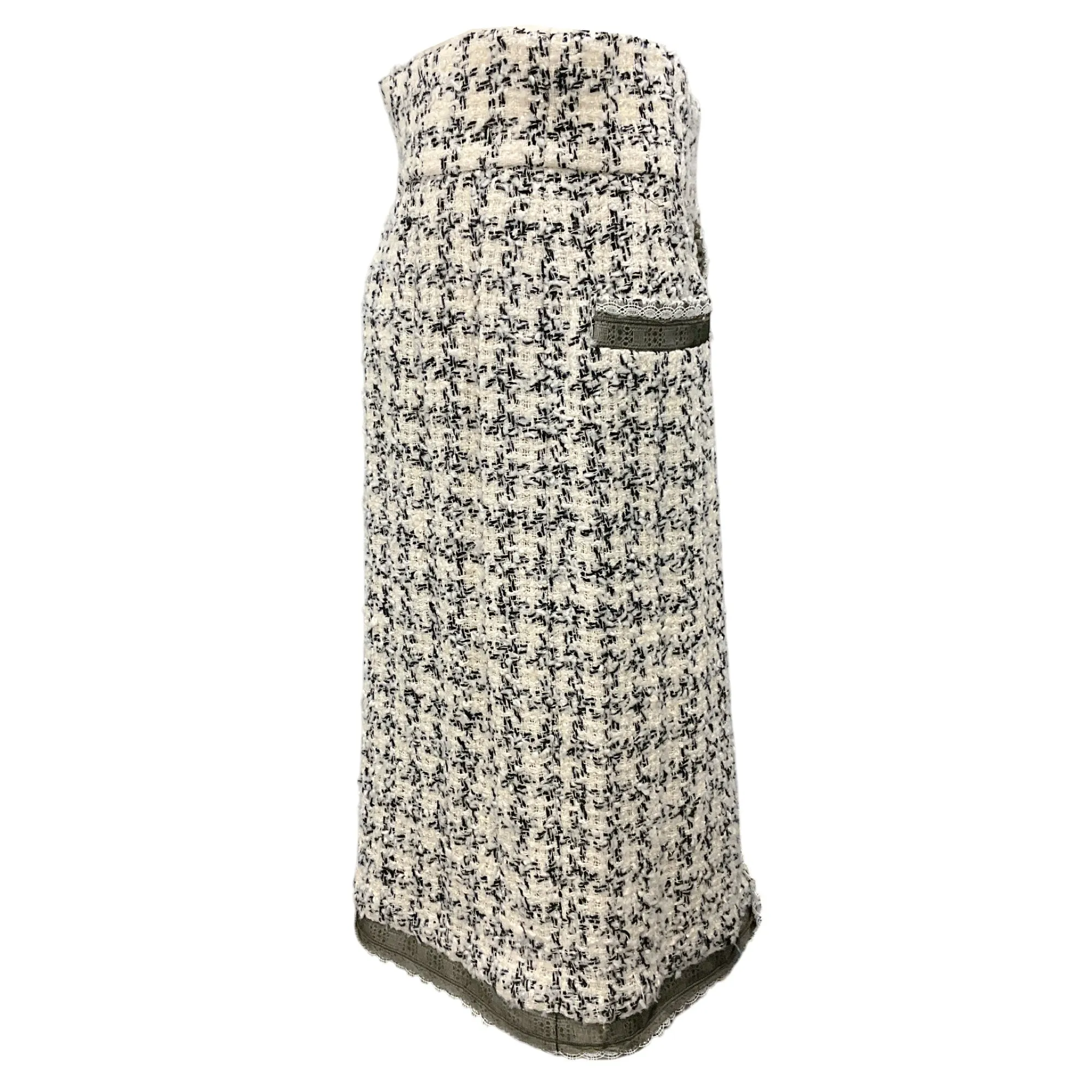 Chanel Ivory / Black / Grey 2009 Ribbon Trimmed Boucle Tweed Skirt