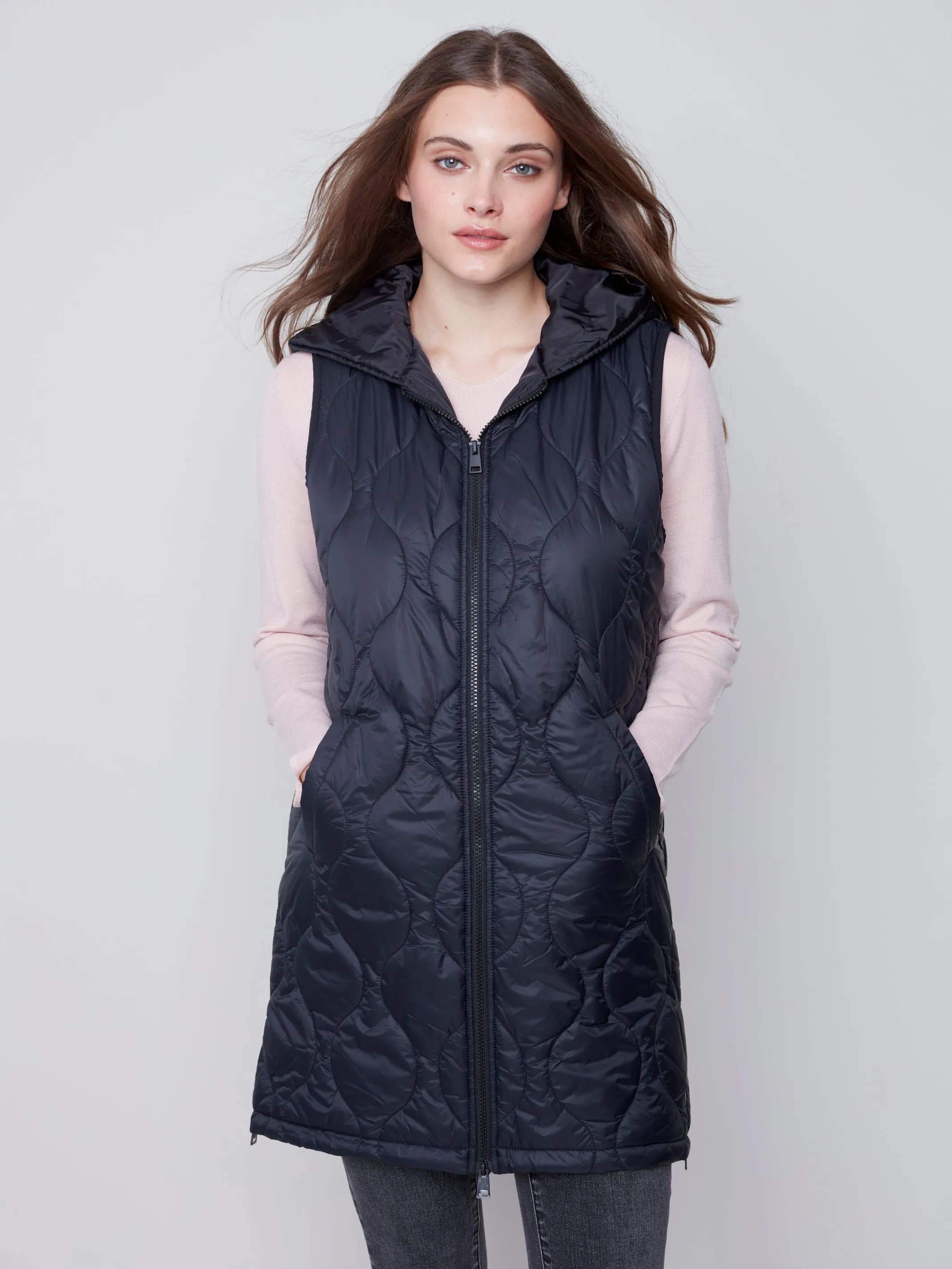 Charlie B Long Assymetric Puffer Vest with Diamond Quilting and Hood