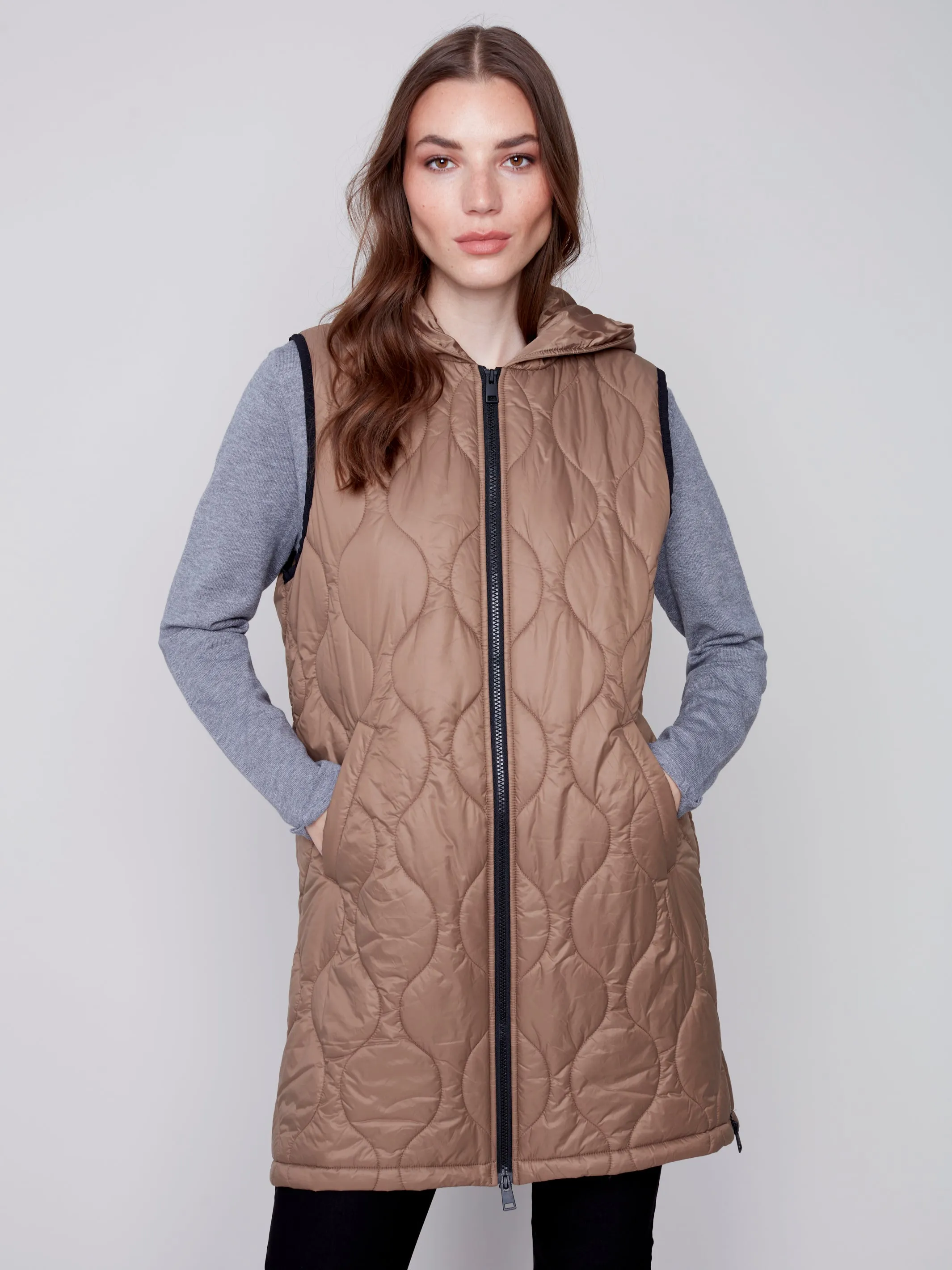 Charlie B Long Assymetric Puffer Vest with Diamond Quilting and Hood