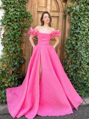 Chic A-line Off-the-shoulder Long Prom Dresses Hot Pink Evening Formal Dresses KTS056