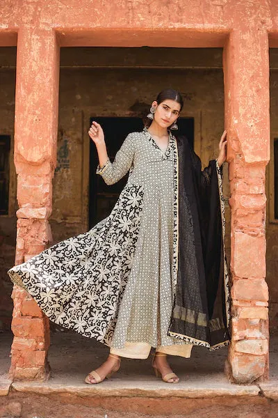 Cotton Black Printed Anarkali Suit Set with Doriya Dupatta