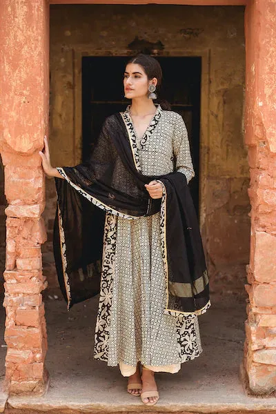 Cotton Black Printed Anarkali Suit Set with Doriya Dupatta