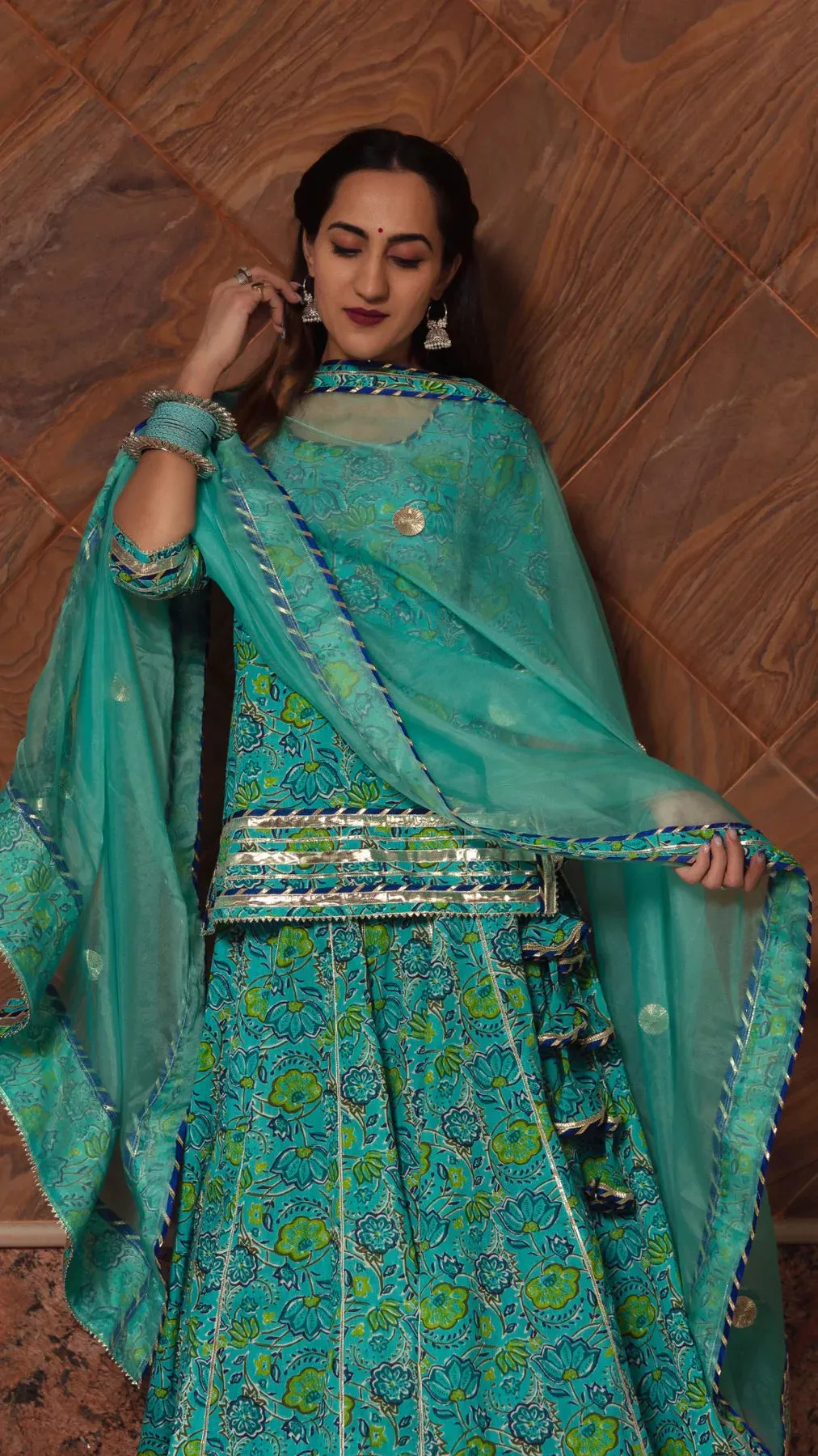 Cotton Green Printed Kurta Skirt Set with Organza Dupatta