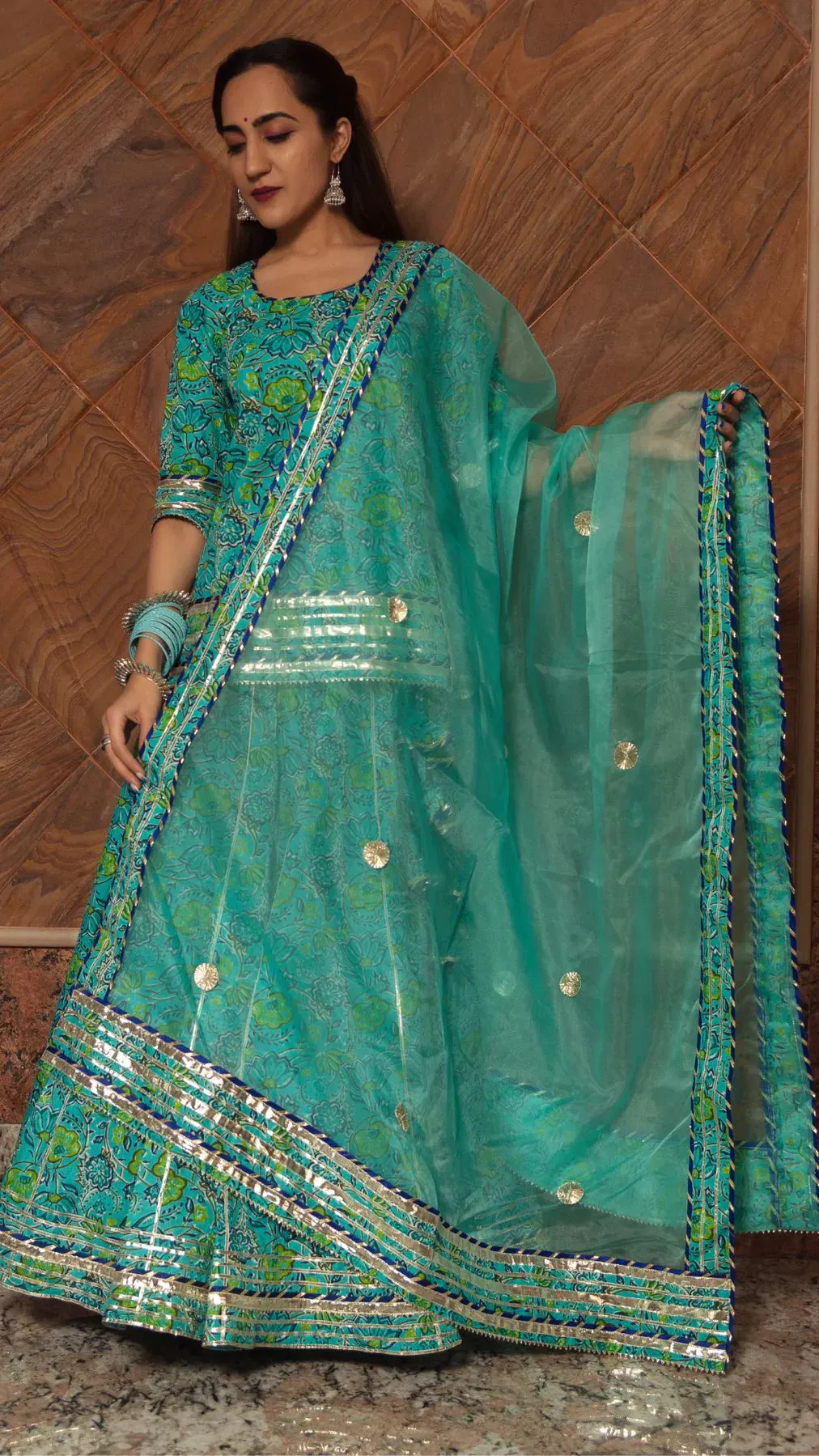 Cotton Green Printed Kurta Skirt Set with Organza Dupatta