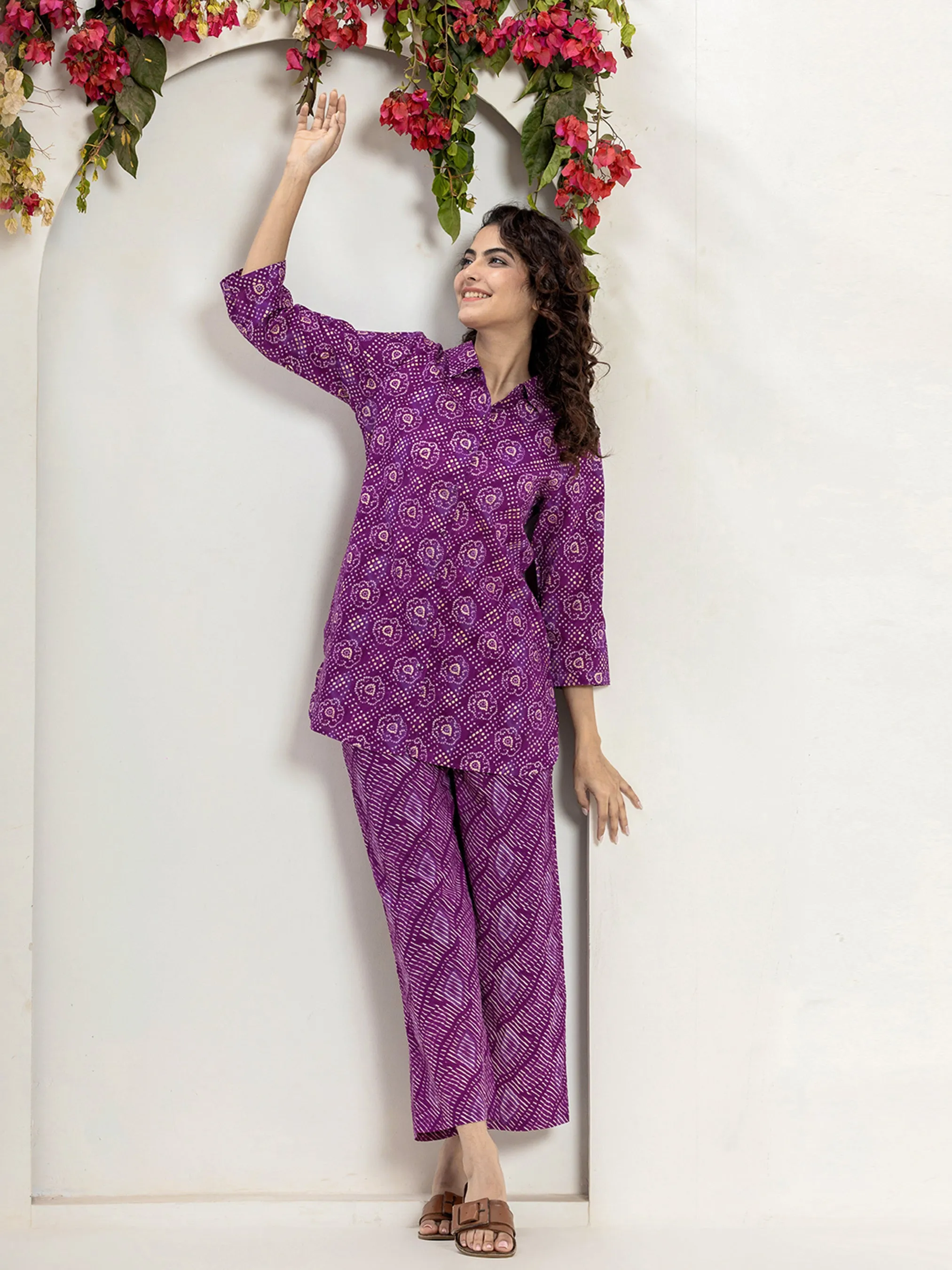 Dark Purple leheriya Jaal Collared Pure Cotton Hand Printed Loungewear