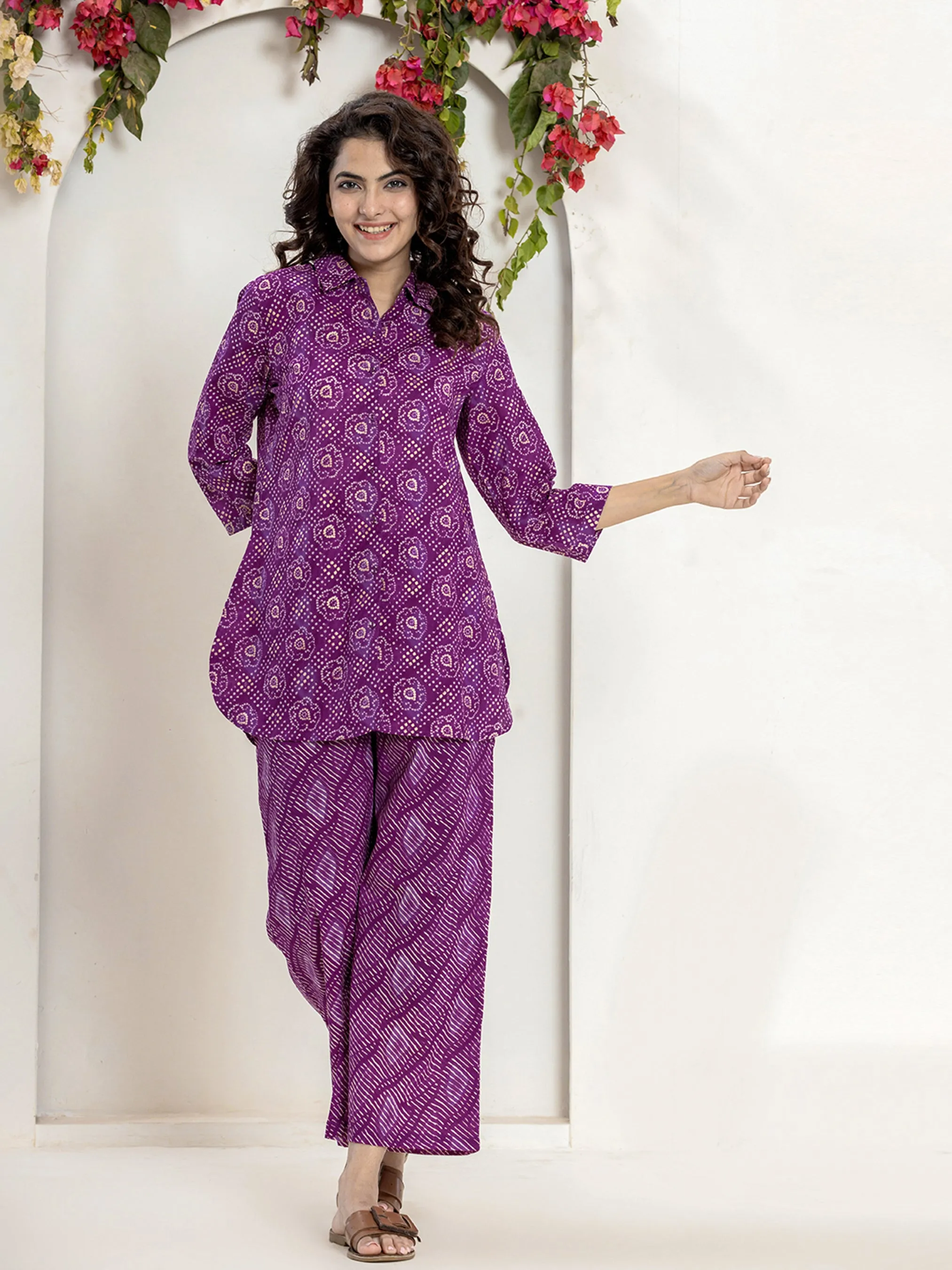 Dark Purple leheriya Jaal Collared Pure Cotton Hand Printed Loungewear