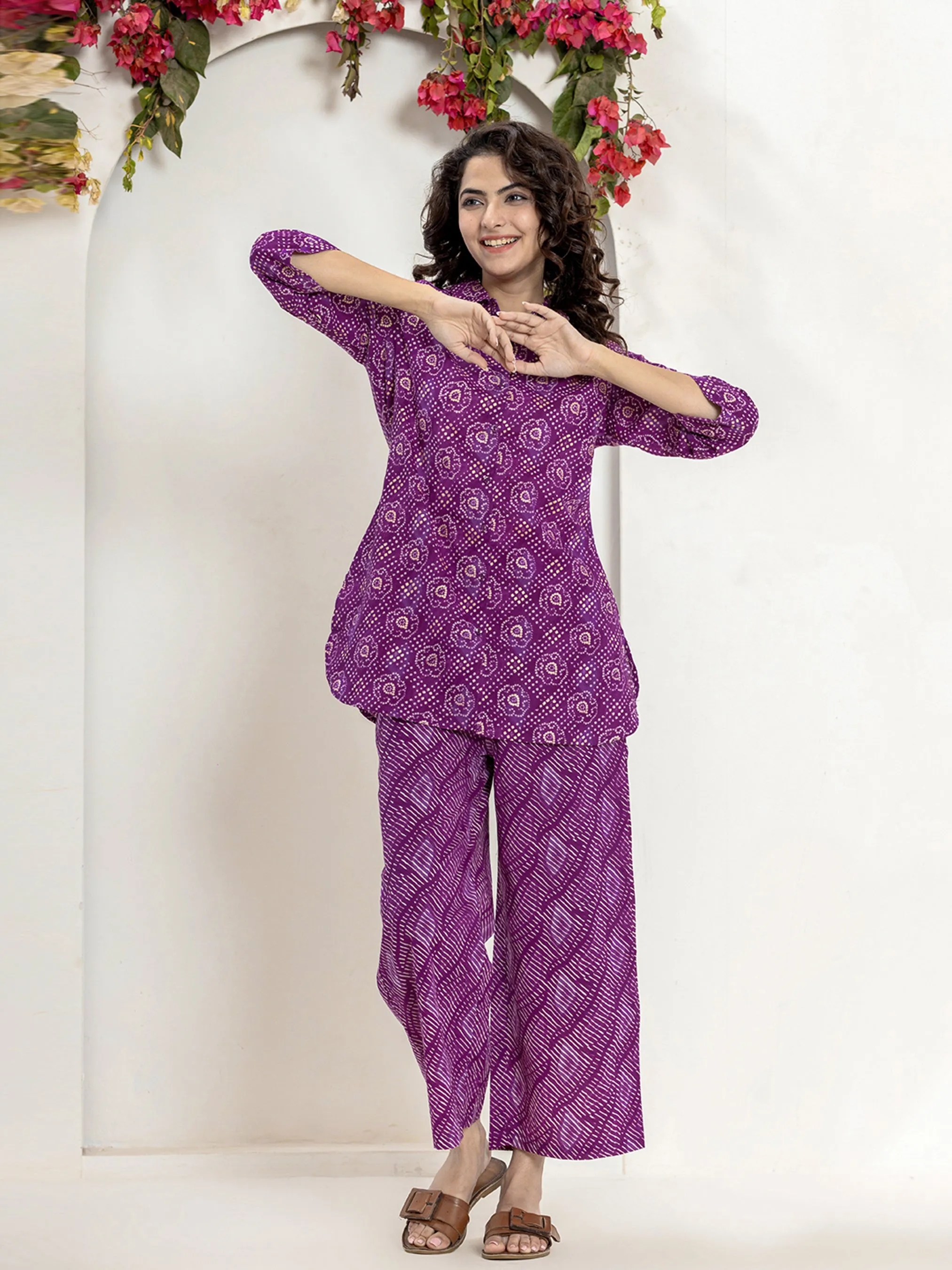 Dark Purple leheriya Jaal Collared Pure Cotton Hand Printed Loungewear