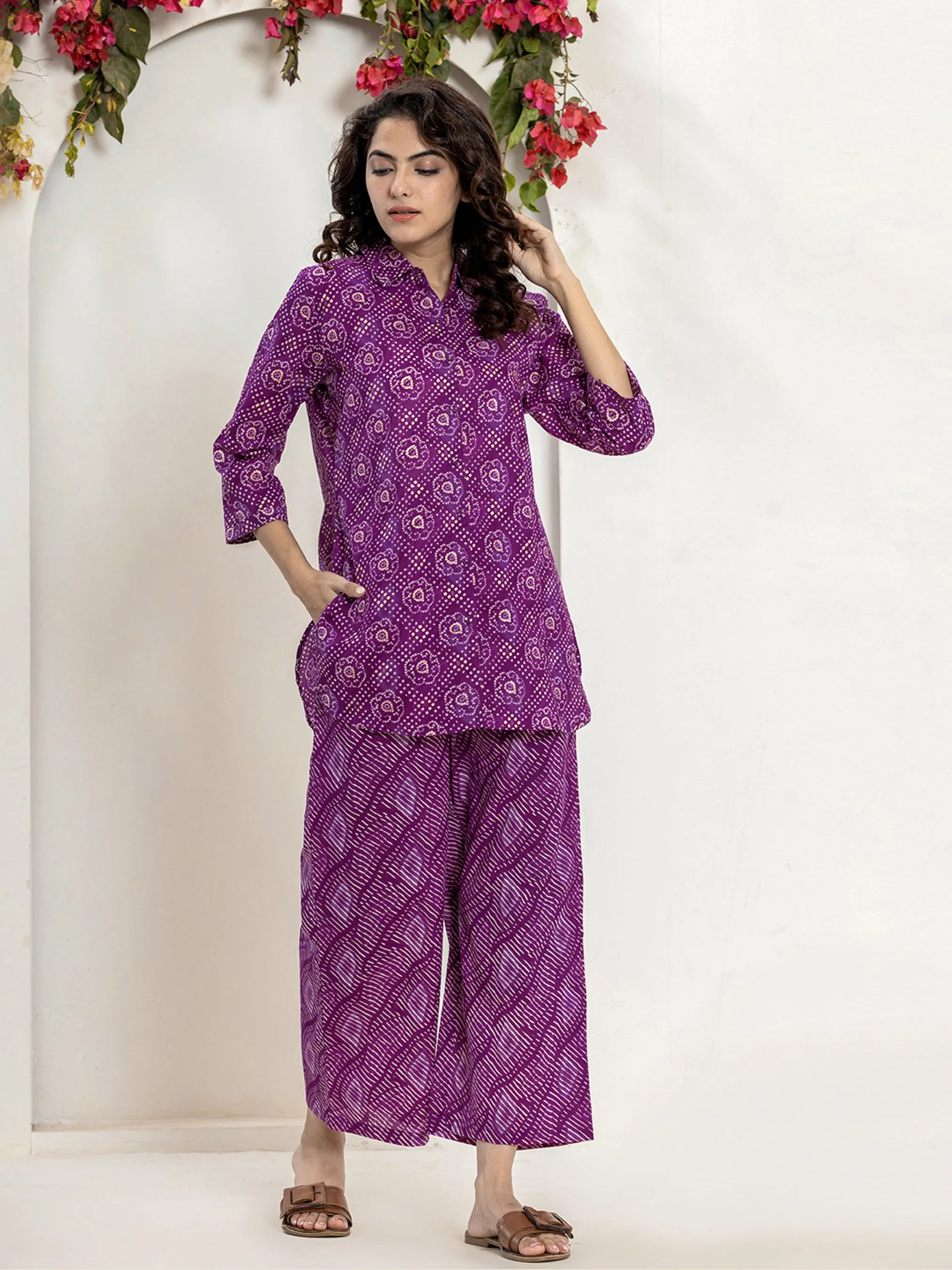 Dark Purple leheriya Jaal Collared Pure Cotton Hand Printed Loungewear