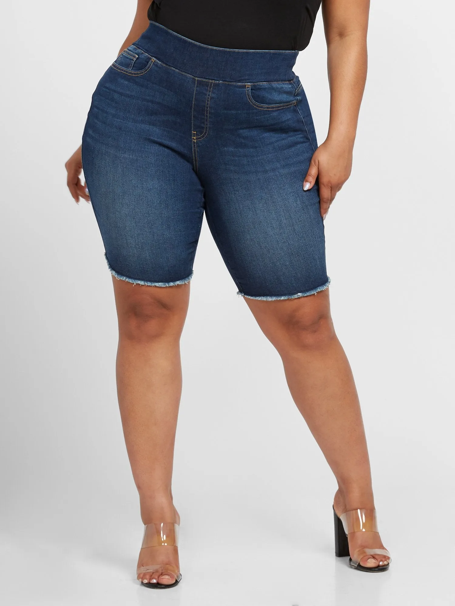 Dark Wash High Rise Pull On Shorts in Dark Blue Wash