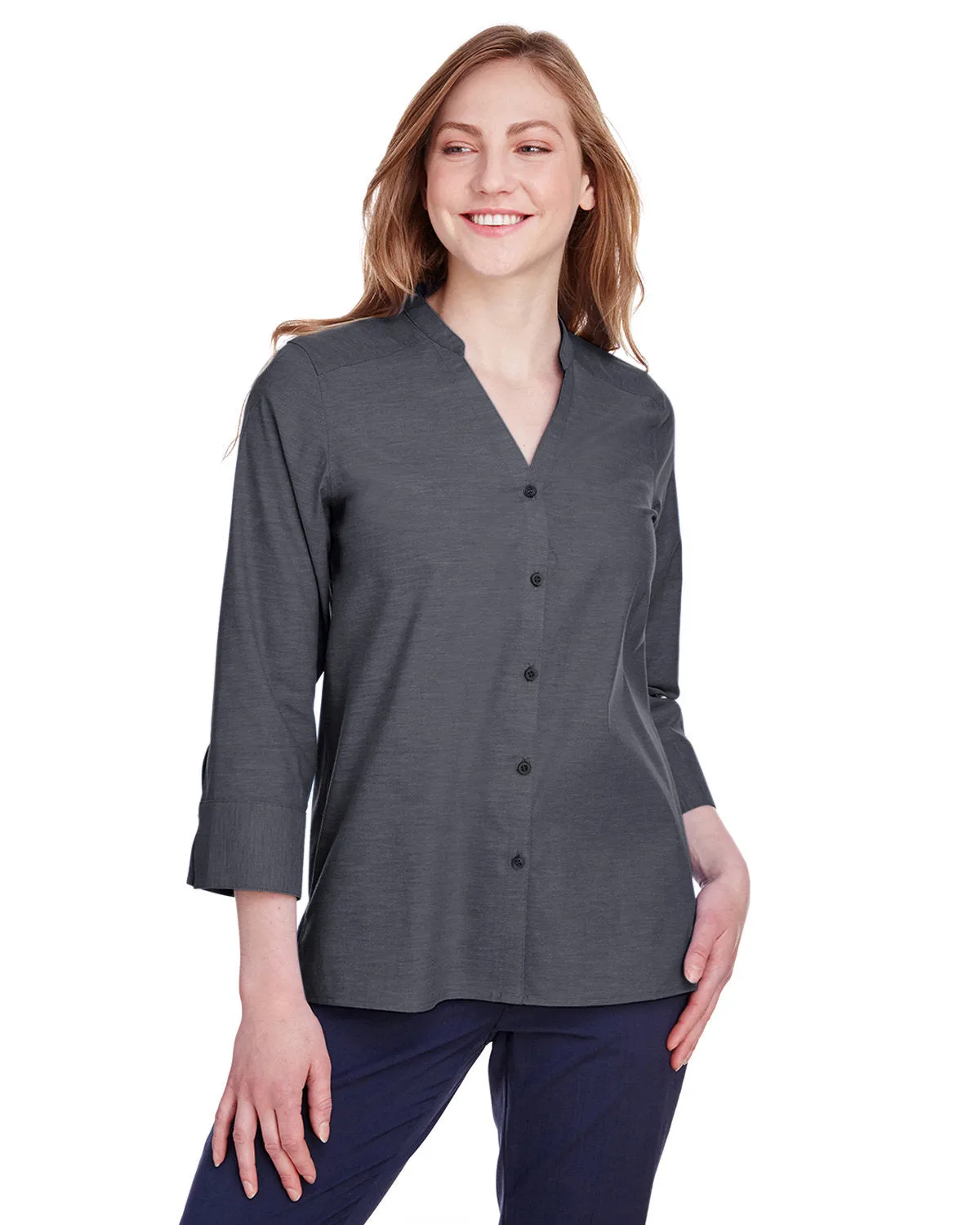 Devon & Jones Ladies' Crown Collection™ Stretch Pinpoint Chambray 3/4 Sleeve Blouse