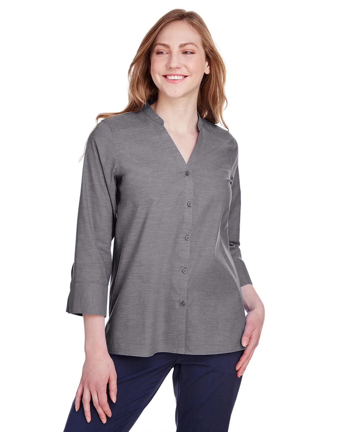 Devon & Jones Ladies' Crown Collection™ Stretch Pinpoint Chambray 3/4 Sleeve Blouse