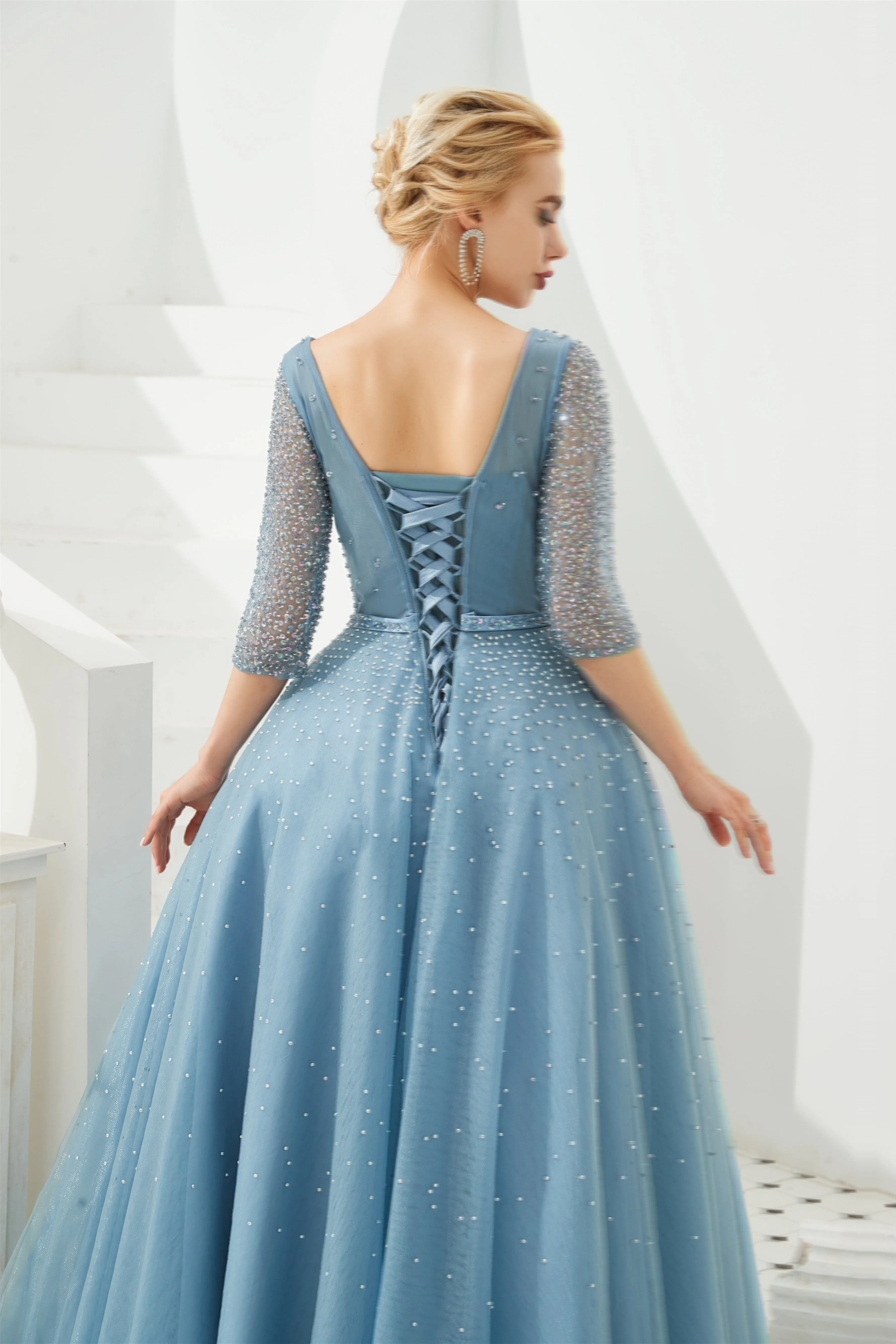 Dusty Blue V-Neck Half-Sleeve Prom Dresses Long With Beadings Lace-up