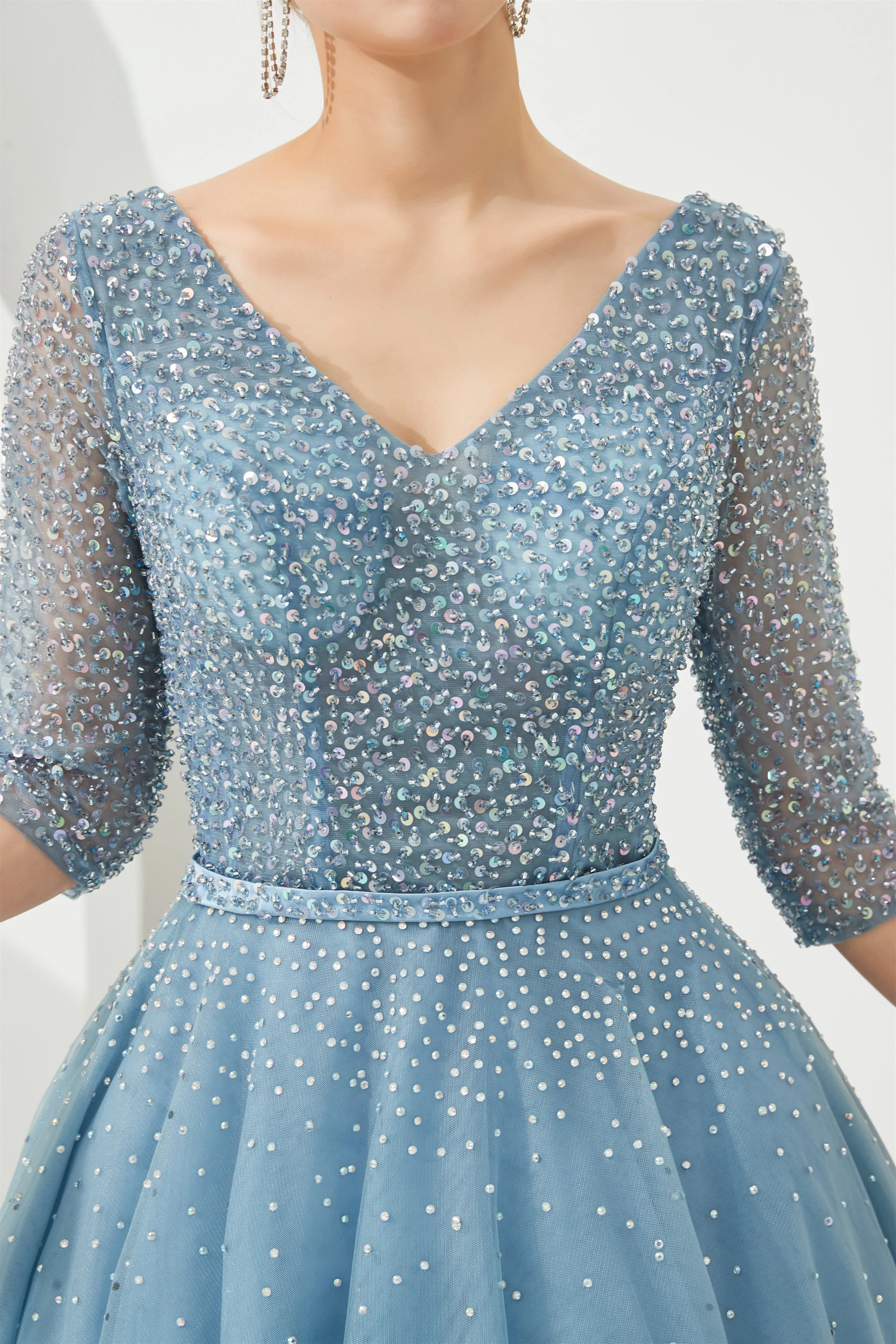 Dusty Blue V-Neck Half-Sleeve Prom Dresses Long With Beadings Lace-up