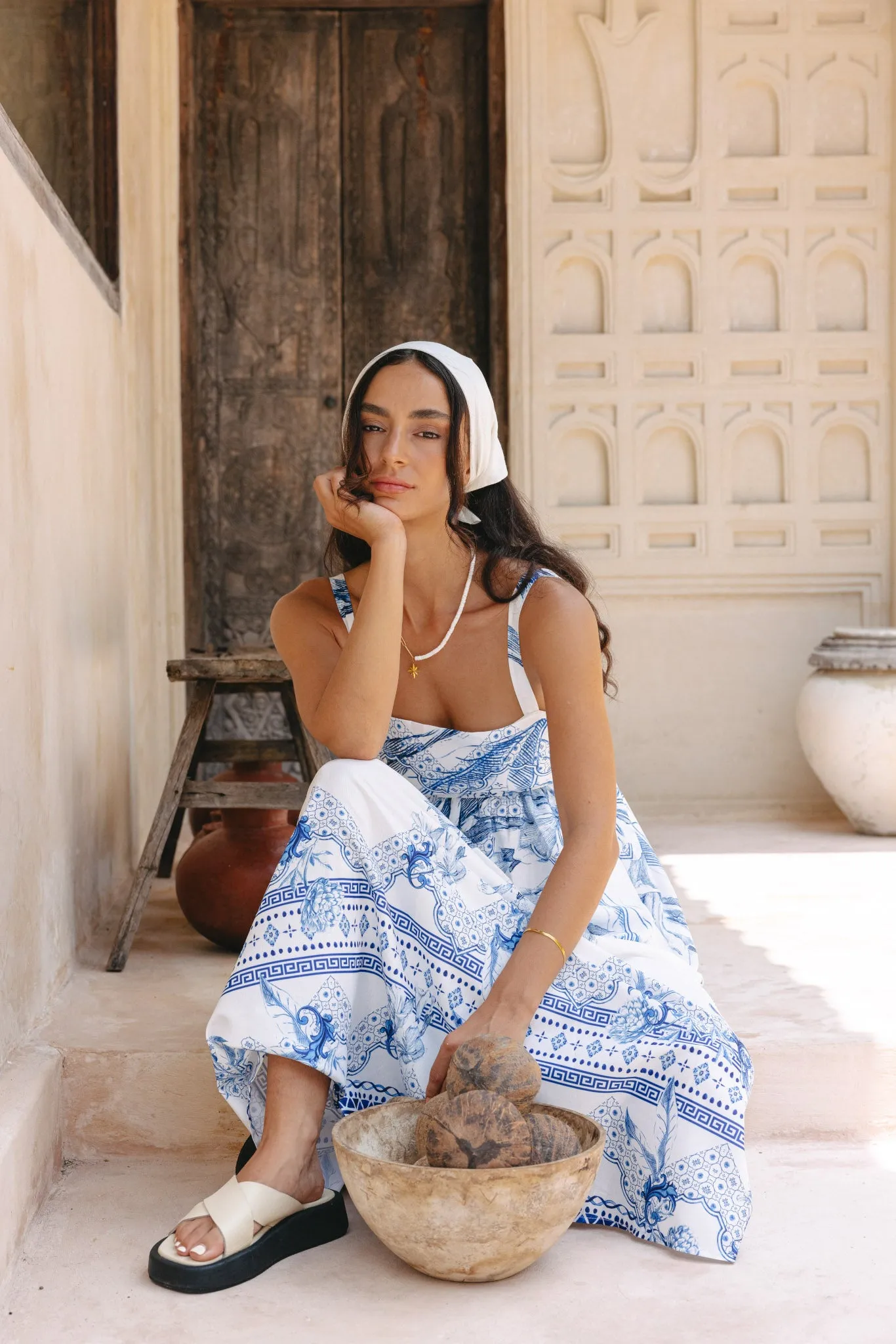 Fleur Blue Boho Tropical Maxi Dress