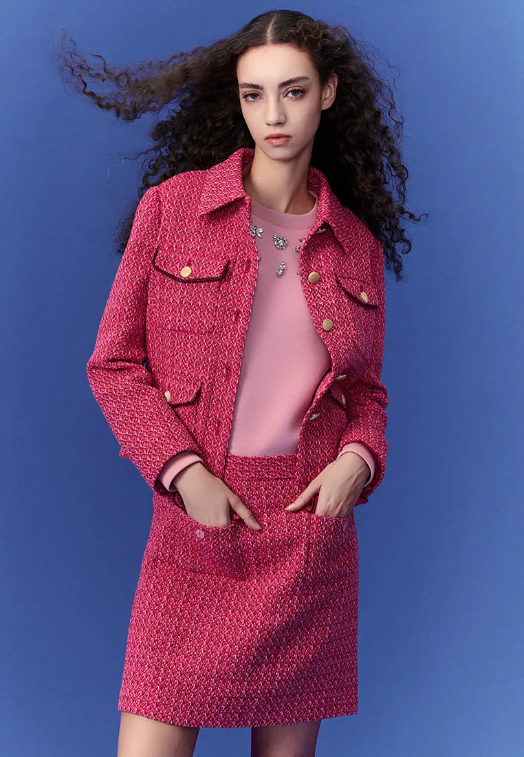 Fuchsia Pink Patch-Pocket Tweed Skirt