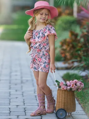 Girl Pom Pom Ruffle Top and Overlay Front Tie Shorts Set