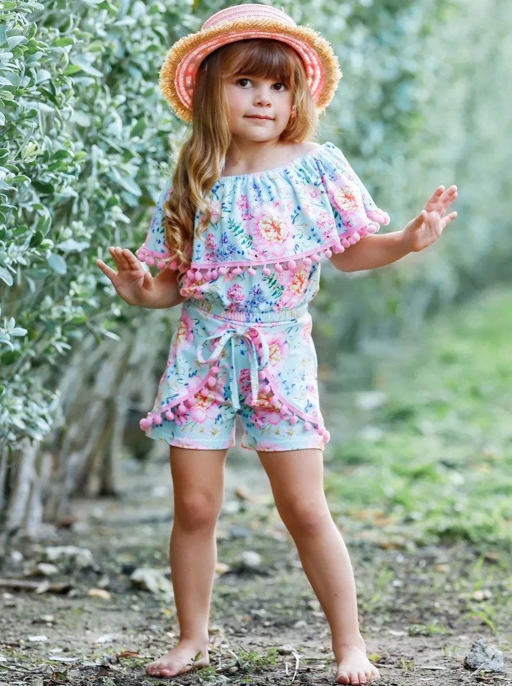 Girl Pom Pom Ruffle Top and Overlay Front Tie Shorts Set