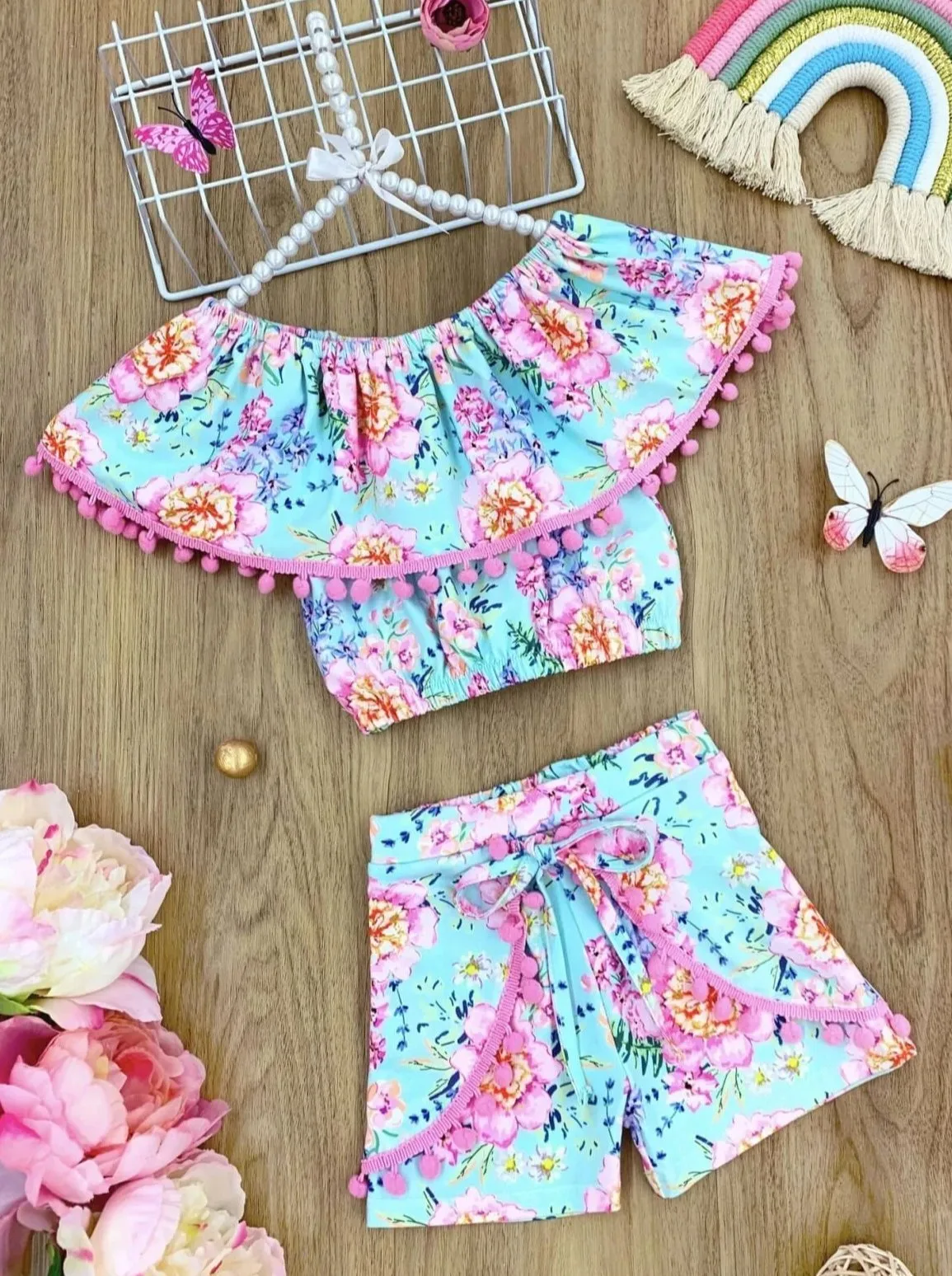 Girl Pom Pom Ruffle Top and Overlay Front Tie Shorts Set