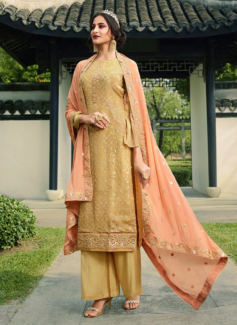 Golden Yellow Embroidered Palazzo Suit