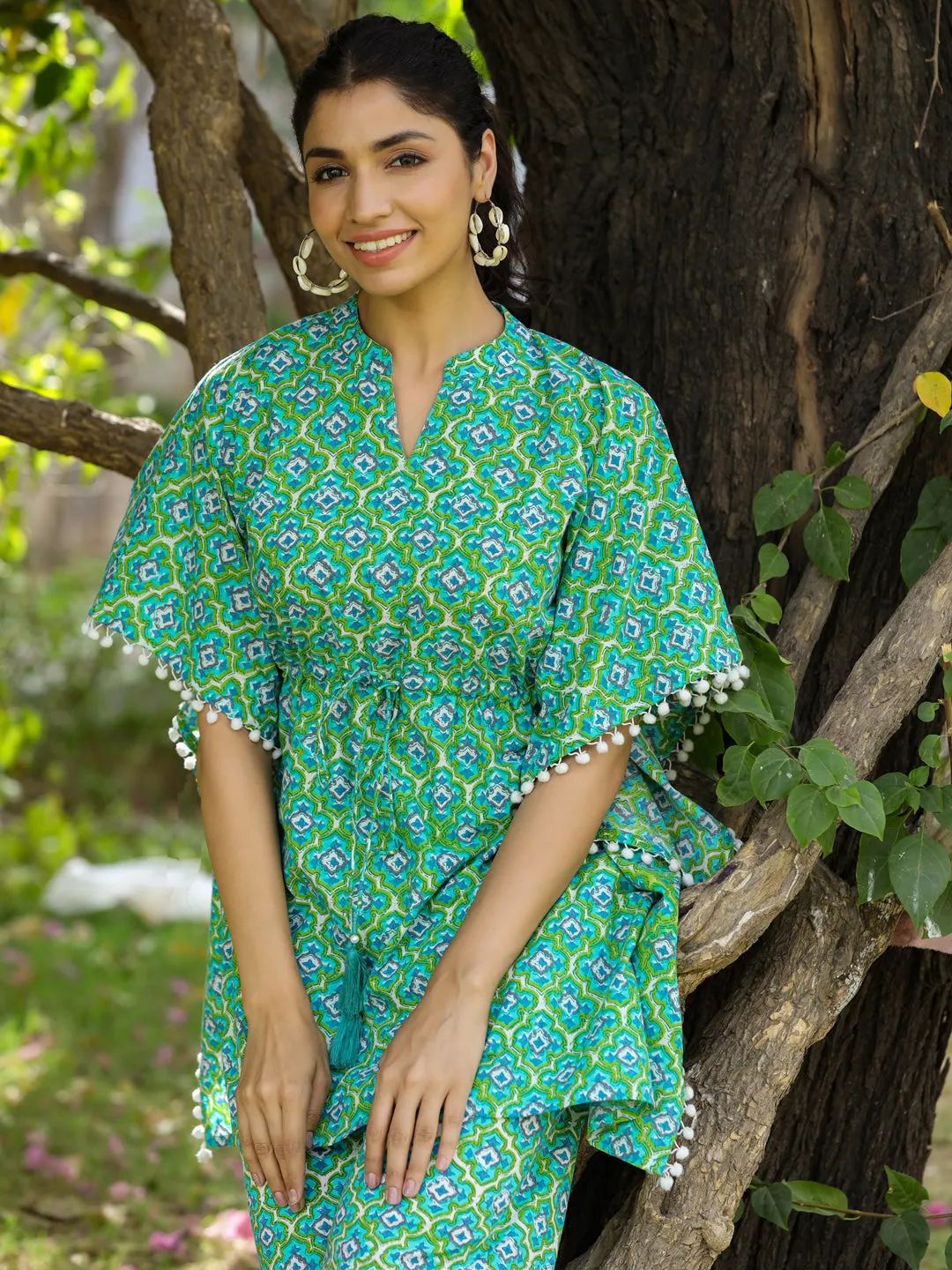 Green Ethnic Printed Cotton Kaftan With Pants Lounge Wear