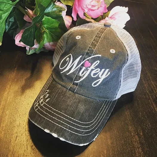 Hat Wifey Embroidered distressed womens trucker cap Pink heart Bride Wife Love Marriage Wedding Shower