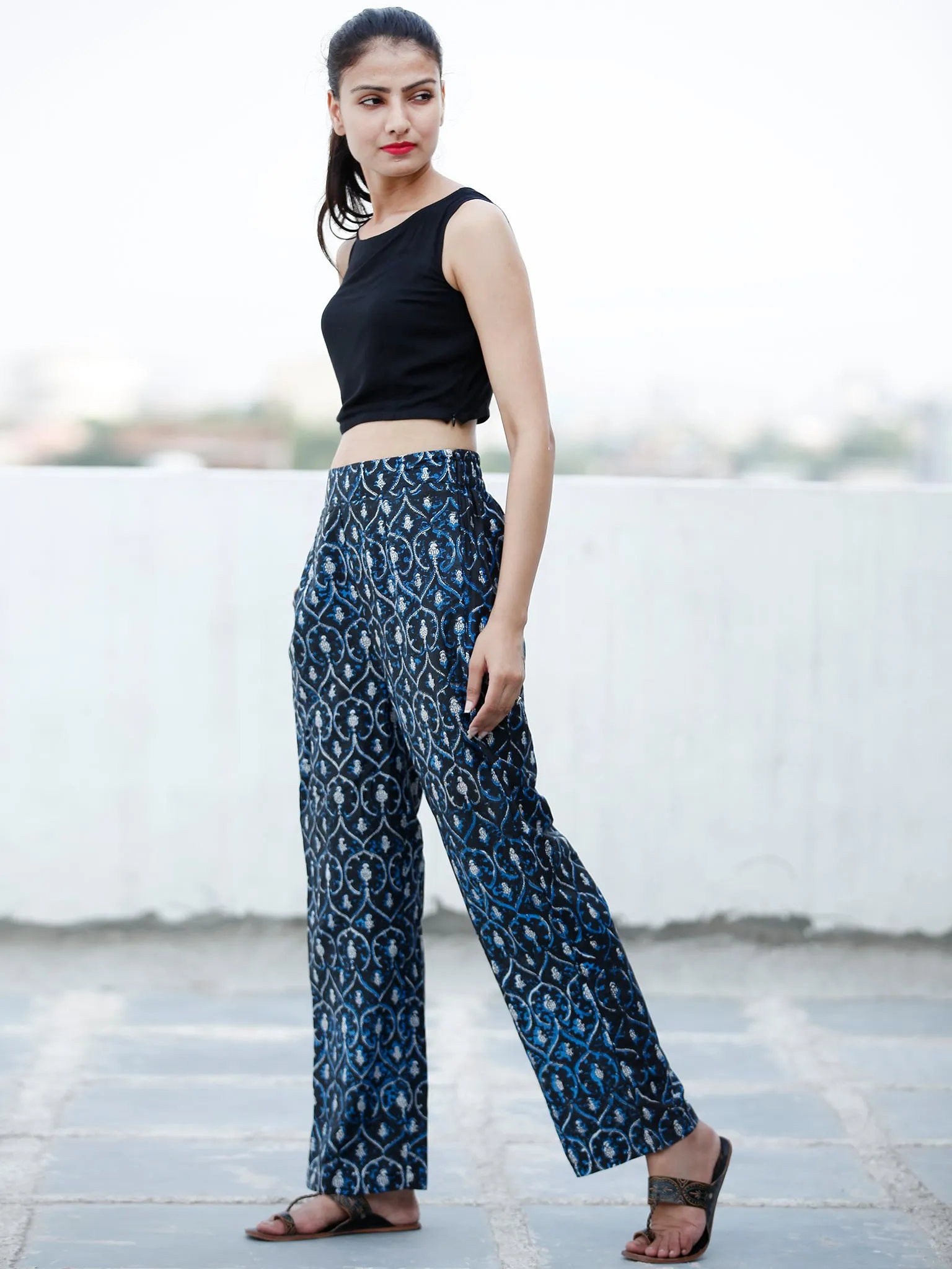 Indigo Black Hand Block Printed Semi Elasticated Waist Pleated Cotton Pant - P11F1899