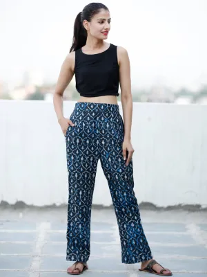 Indigo Black Hand Block Printed Semi Elasticated Waist Pleated Cotton Pant - P11F1899