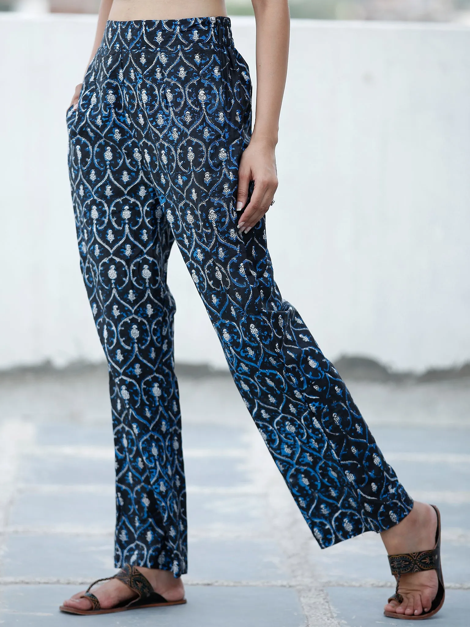 Indigo Black Hand Block Printed Semi Elasticated Waist Pleated Cotton Pant - P11F1899