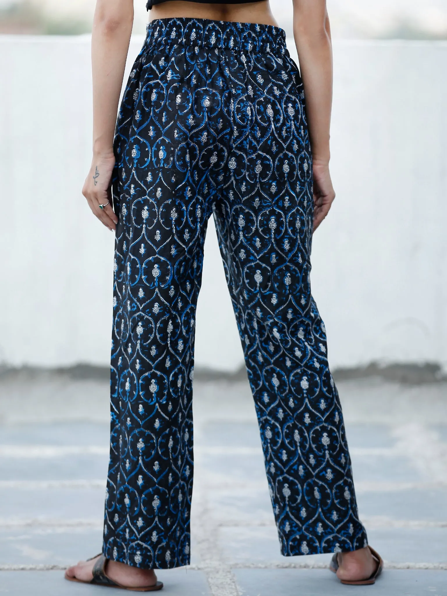 Indigo Black Hand Block Printed Semi Elasticated Waist Pleated Cotton Pant - P11F1899