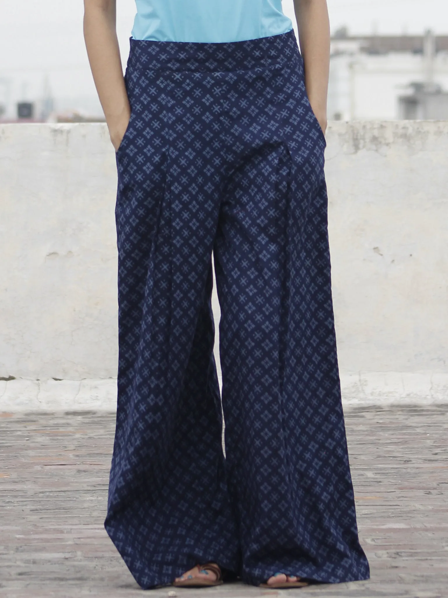 Indigo Blue Hand Block Printed Semi Elasticated Waist Pleated Cotton Palazzo - P11F698