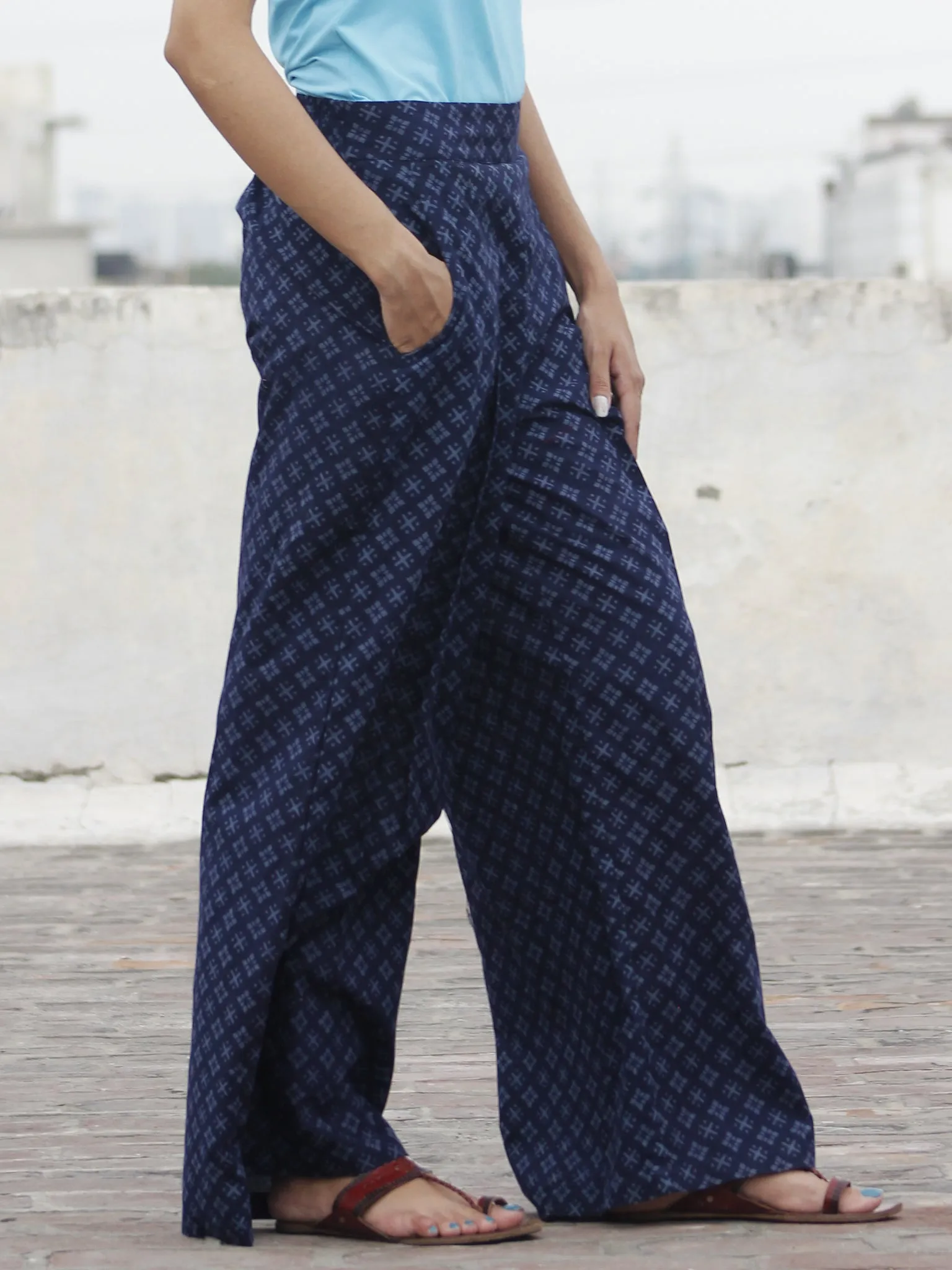 Indigo Blue Hand Block Printed Semi Elasticated Waist Pleated Cotton Palazzo - P11F698